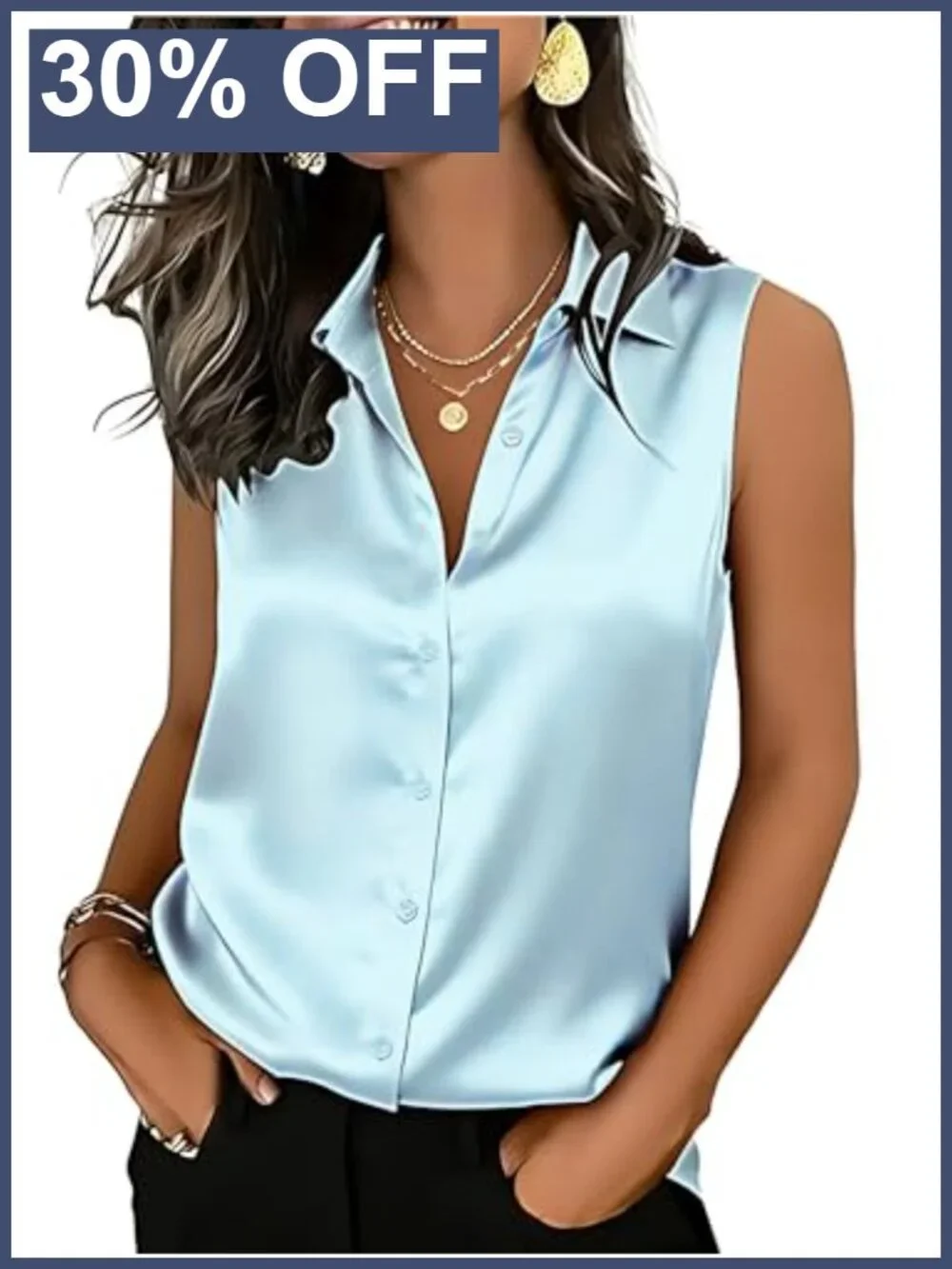 Silk Satin Sleeveless Button Down Blouse V-Neck Tank Top Work Office